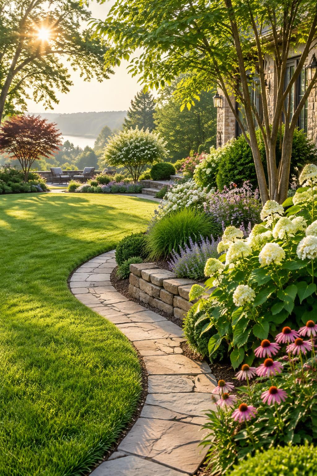 Manicured lawn, stone path, and flowering garden
